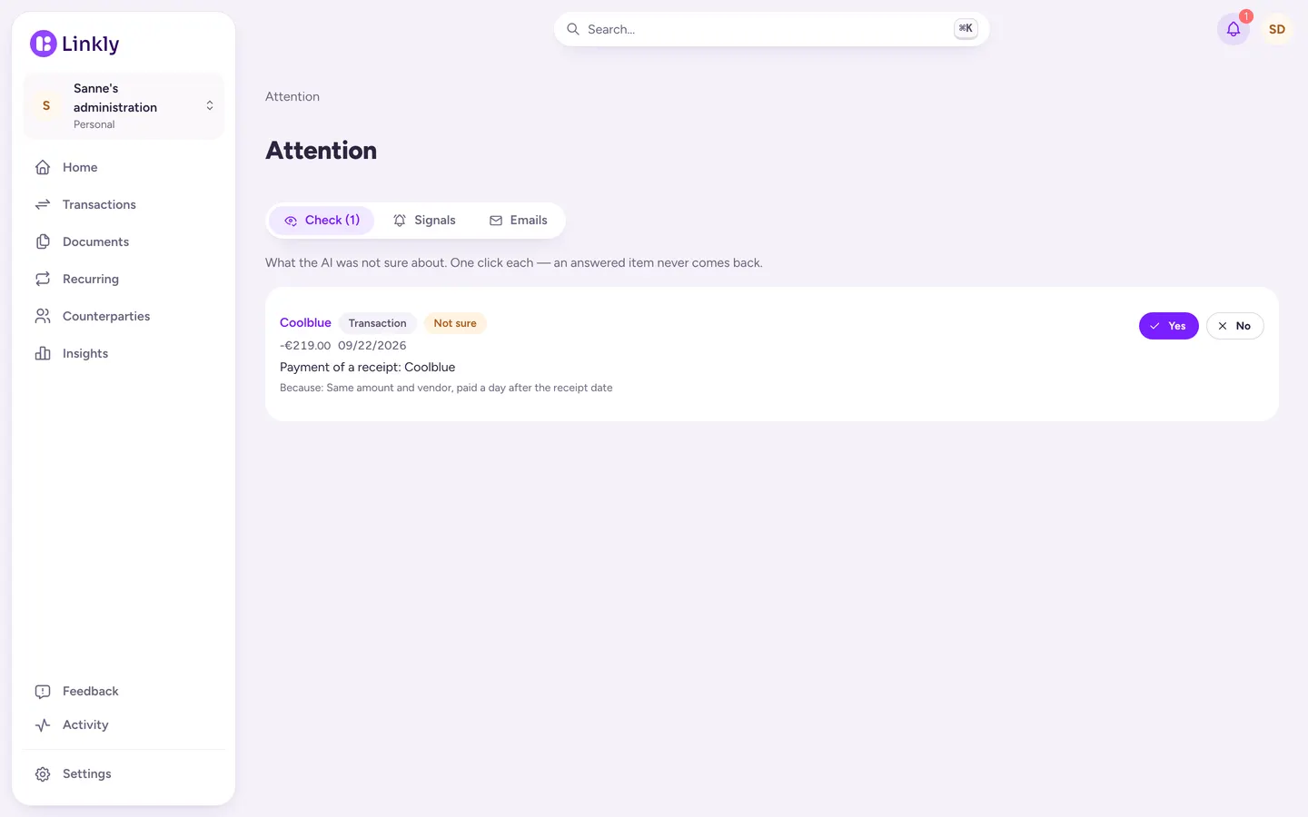 The Check list in Linkly with one question about a payment and a receipt.