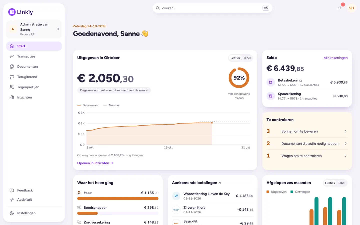 Startpagina van Linkly met de uitgaven van deze maand naast een gewone maand, het saldo van de rekeningen, wat er te controleren is en waar het geld heen ging.