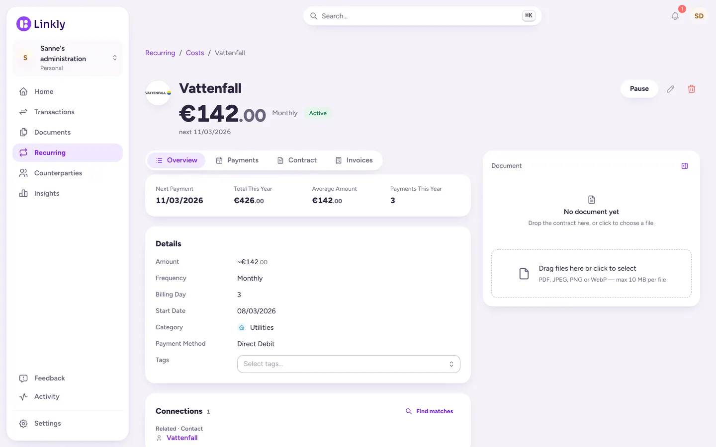 An energy contract in Linkly with the amount per month and its payments.
