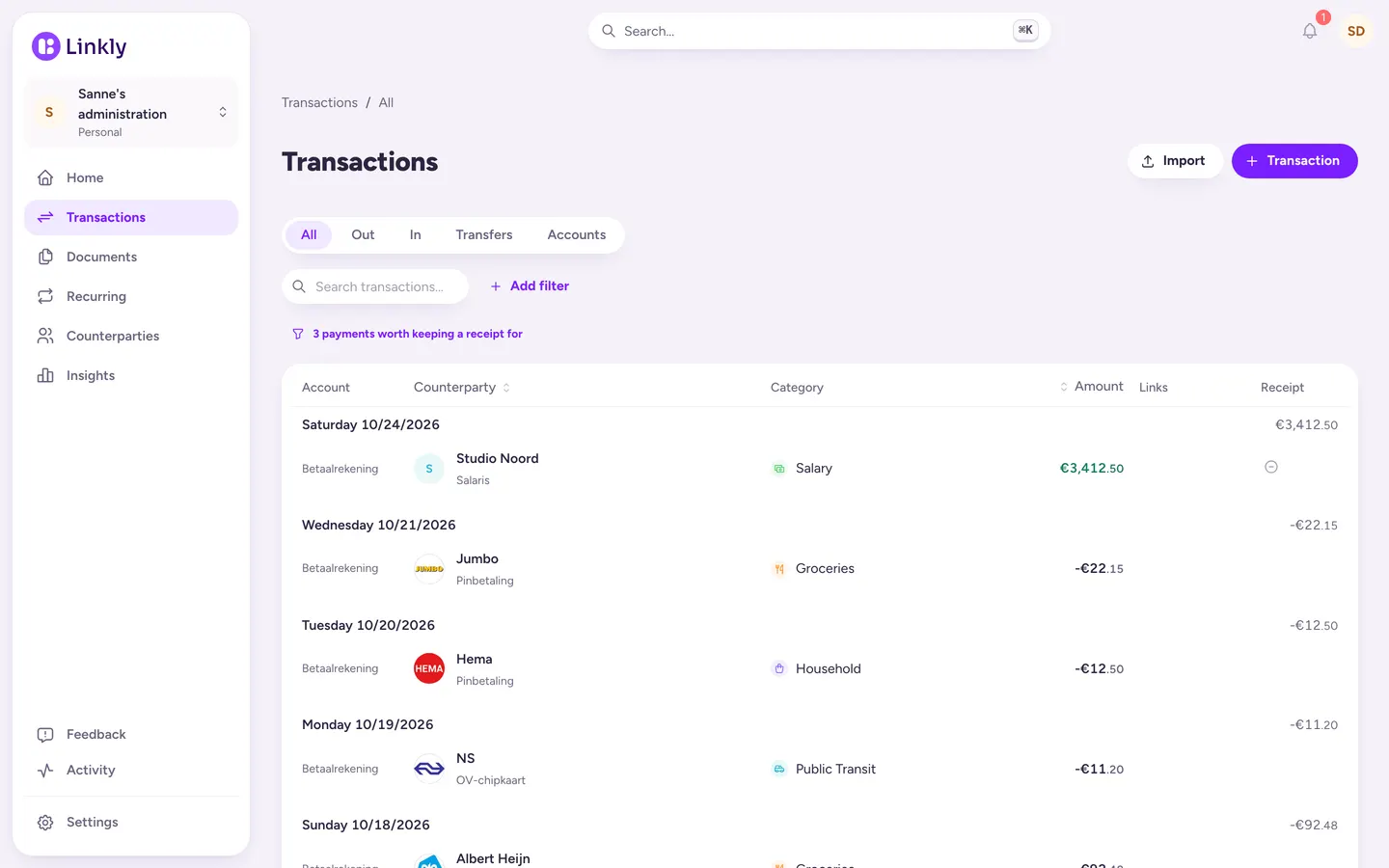 Transactions in Linkly, by day, with logos and categories.