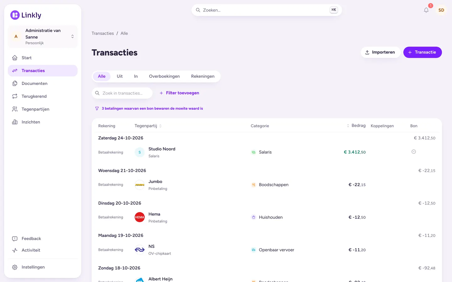 Transacties in Linkly, per dag, met logo's en categorieën.