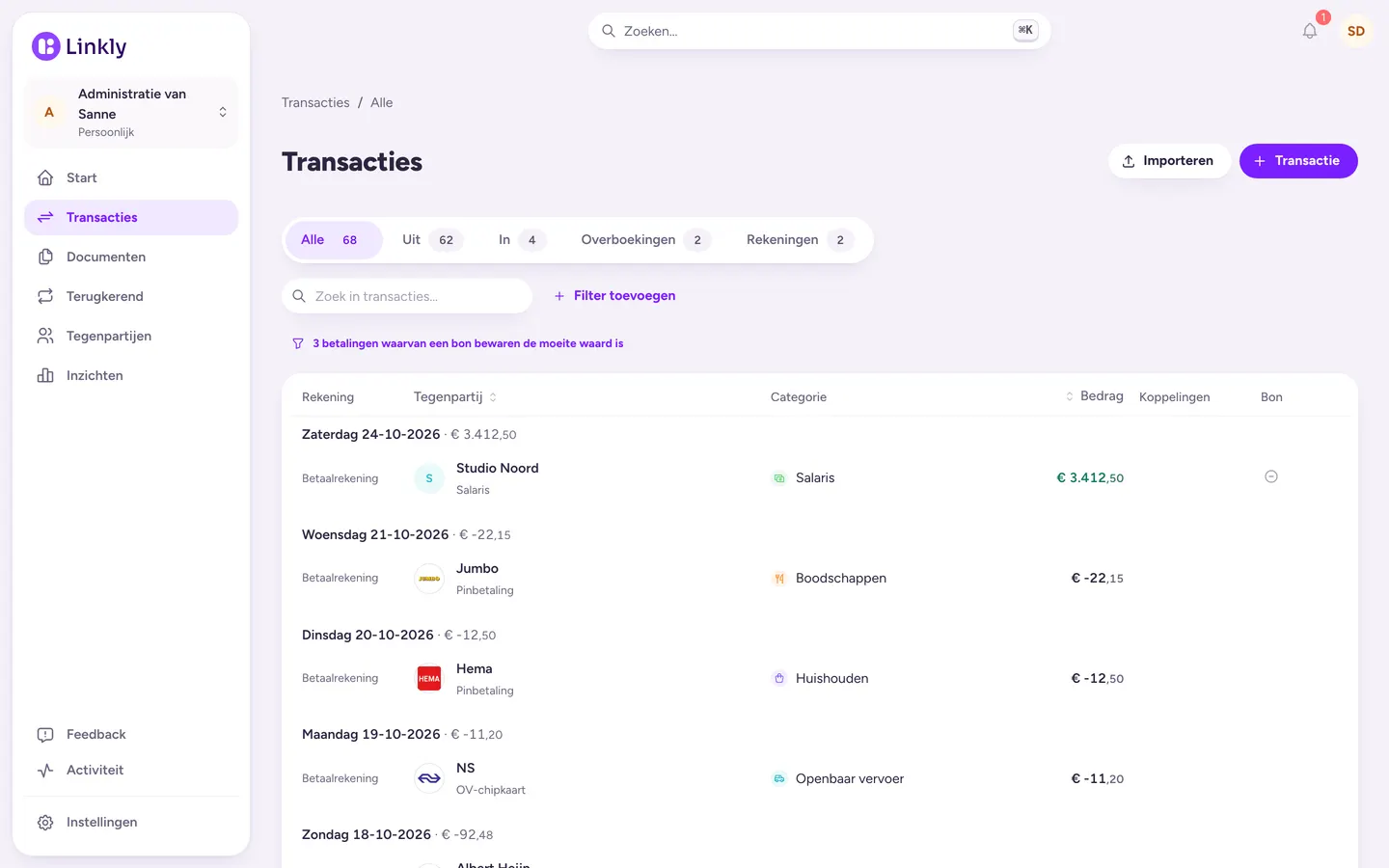 Lijst met transacties per dag, met logo's van winkels, categorieën en bedragen.